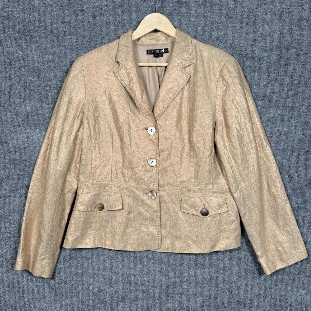 Lafayette 148 New York Size 16 Single Breasted Blazer Gold Linen Metallic Pocket